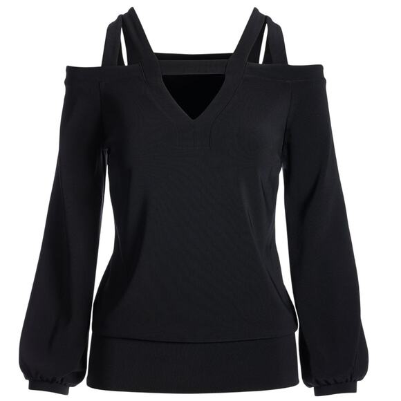 Boston Proper Cold Shoulder Double Strap Black Top Women’s Medium - Picture 3 of 6